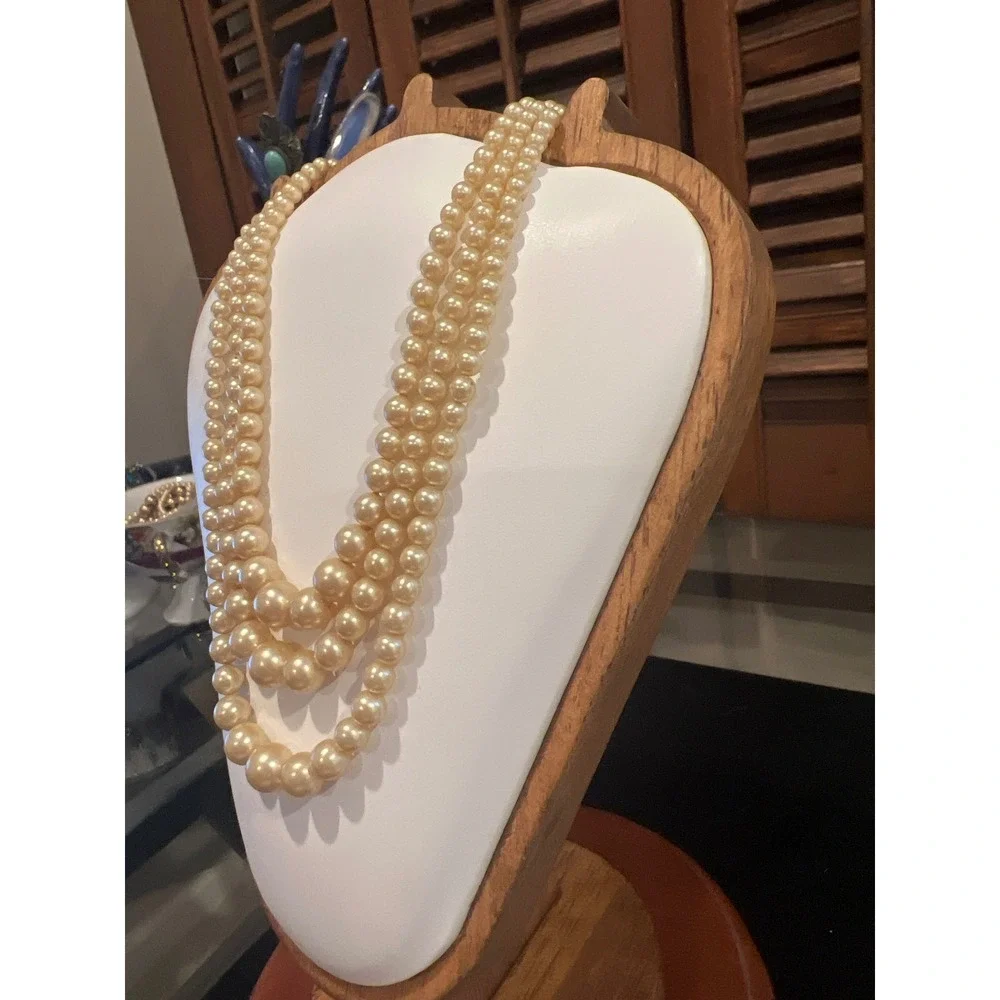 Vtg Triple Strand Graduated Faux Pearl Necklace Rhinestone Clasp Cream 15-19in